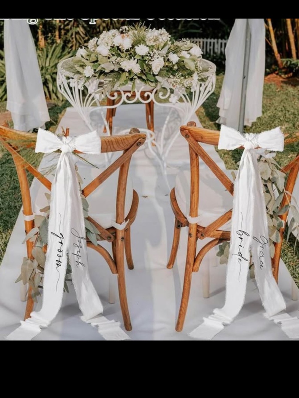 White Wedding Chair Sashes with Customizable Script - Picture 2 of 8